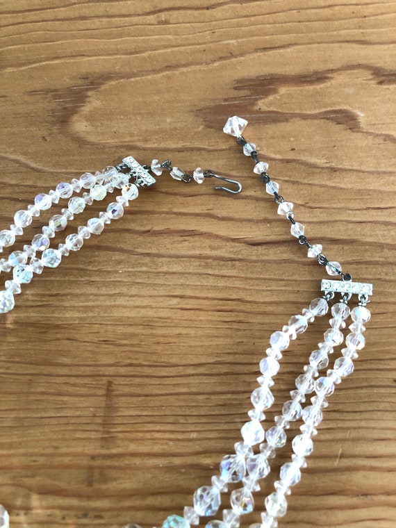 Vintage Crystal Beaded Necklace, 3 Strand Aurora … - image 7