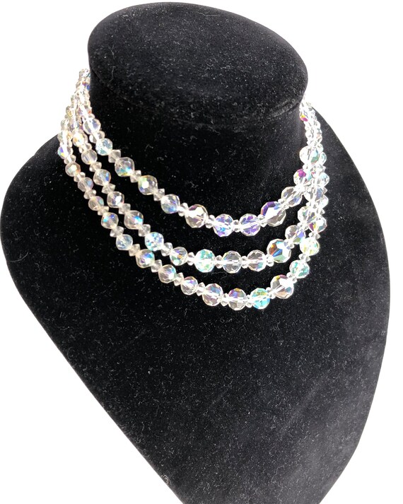 Vintage Crystal Beaded Necklace, 3 Strand Aurora … - image 2