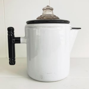 Vintage White Enamelware Coffee Pot, Coffee Percolator