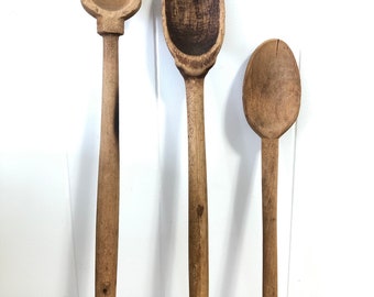 3 Vintage Wooden Spoons, Hand Carved Sppons, Primitive Cookware, Wooden Utensils, Jam Spoon