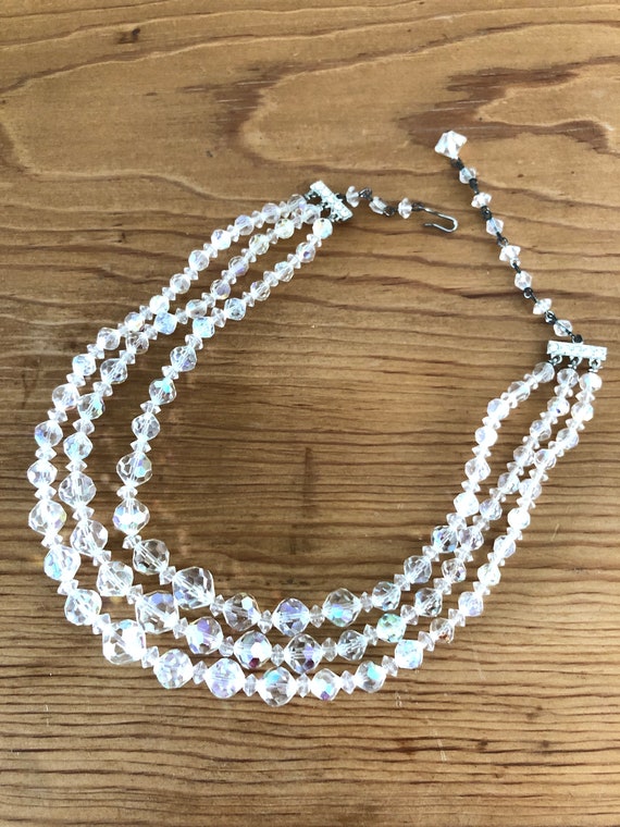 Vintage Crystal Beaded Necklace, 3 Strand Aurora … - image 8