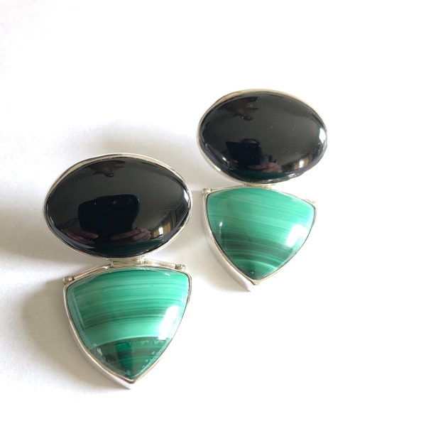 Vintage Sterling Silver and Malachite and Black Onyx Earrings  Great Falls Metal Works, 1980s