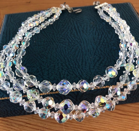 Vintage Crystal Beaded Necklace, 3 Strand Aurora … - image 1