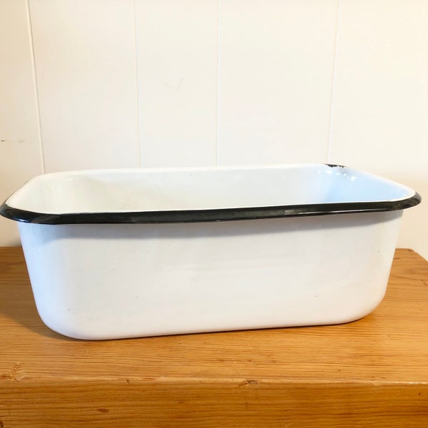 Vintage White Enamelware Box, Refrigerator Box With Black Trim, Large Bread Pan