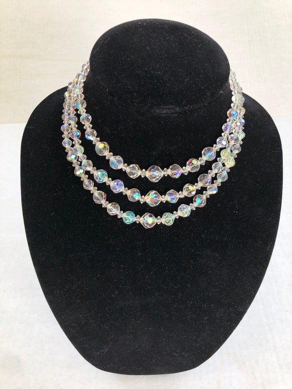 Vintage Crystal Beaded Necklace, 3 Strand Aurora … - image 9