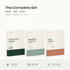 May include: A set of three workbooks titled The Complete Set, Reflect, Think, Create. The books are labelled The Annual Report, Decision Journal, and First Draft. Each book features a white cover with a coloured base in dark green, sage, or terracotta.