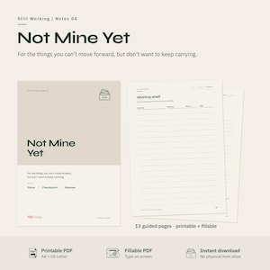 Op de afbeelding: Een digitale planner-set getiteld Not Mine Yet, met een voorpagina met donkergroene tekst op een beige achtergrond en binnenpagina's met een Waiting shelf-tabel. De set bevat 13 begeleide pagina's die printbaar en invulbaar zijn.