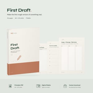 以下が含まれることがあります： クリーム色とテラコッタ色の表紙を持つFirst Draftというタイトルのデジタルプランナー。A4およびUSレターサイズの36ページで構成されています。Keep、Change、Removeの列を含む、思考を整理するための記入可能なテンプレートが含まれています。
