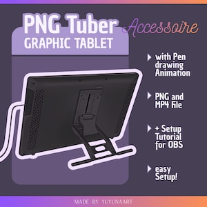 Könnte beinhalten: Ein schwarzes Grafiktablett mit Ständer, der Text "PNG Tuber Graphic Tablet" steht oben. Das Bild enthält auch den Text "Accessoire", "with Pen drawing Animation", "PNG and MP4 file", "+ Setup Tutorial for OBS" und "easy Setup!"