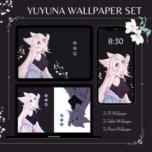 Könnte beinhalten: YUYUNA WALLPAPER SET mit digitaler Kunst eines Charakters mit weißen Haaren und fuchsartigen Ohren auf schwarzem Hintergrund. Das Set enthält PC-, Tablet- und Handy-Hintergründe. Auf dem Handy-Hintergrund wird die Uhrzeit 8:30 angezeigt.
