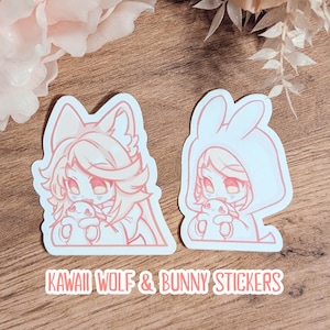 Kawaii Wolf & Bunny Sticker, YuYunaArt, bunny, wolf, cute sticker, journaling, stationery, anime, chibi