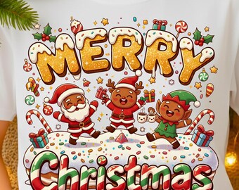 Feliz Navidad PNG, Papá Noel de dibujos animados PNG, Elfo reno PNG, Diseño de camiseta (Descarga digital)