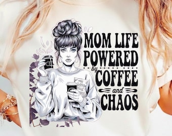 Mamá con café y caos PNG, diseño de camiseta divertida para mamá, mamá amante del café PNG, diseño de moda para sublimación PNG (descarga digital)