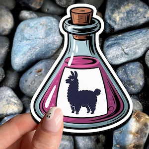 Bottiglia di veleno di lama, adesivo in vinile opaco impermeabile, ispirato ai cartoni animati, stile tatuaggio flash, adesivo impermeabile con pozione di lama