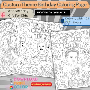 May include: Custom birthday coloring pages featuring line art illustrations of children with their names, ages, and birthday cakes. The designs include text such as Happy 3rd Birthday Amelia, Happy 1st Birthday Theo, and Happy 4th Birthday Micky.