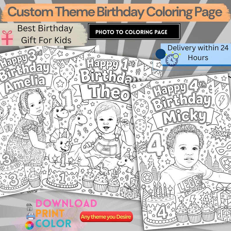 May include: Custom birthday coloring pages featuring line art illustrations of children with their names, ages, and birthday cakes. The designs include text such as Happy 3rd Birthday Amelia, Happy 1st Birthday Theo, and Happy 4th Birthday Micky.