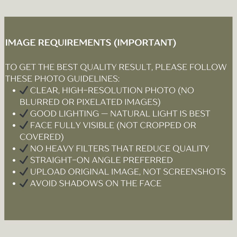 May include: A graphic on a green background with the text "IMAGE REQUIREMENTS (IMPORTANT)" and photo guidelines, including "CLEAR, HIGH-RESOLUTION PHOTO", "GOOD LIGHTING", and "FACE FULLY VISIBLE".