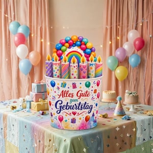 Könnte beinhalten: Ein großer weißer Eimer, verziert mit bunten Luftballons, Geschenkkartons und dem Text Alles Gute zum Geburtstag. Darin befinden sich sieben brennende Kerzen und ein Regenbogen-Ballonbogen. Der Eimer steht auf einem Tisch mit kleinen Kuchen.
