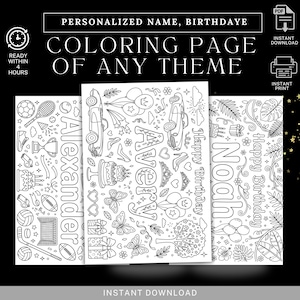 Personalized Name Coloring Page, Custom Birthday Theme, Kids Activity (Digital Download)