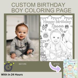 May include: Custom birthday coloring page for a boy. The image shows a photo of a baby boy next to a black and white coloring page of the same baby. The coloring page has the text "Happy birthday Tyson". The image also includes the text "With in 24 Hours".