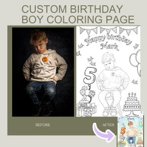 May include: A custom birthday coloring page for a boy. The image shows a photo of a boy in a beige hoodie and jeans, and a black and white line drawing of the same boy. The text reads "Happy Birthday Mark" and "5".