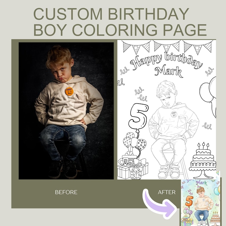 May include: A custom birthday coloring page for a boy. The image shows a photo of a boy in a beige hoodie and jeans, and a black and white line drawing of the same boy. The text reads "Happy Birthday Mark" and "5".