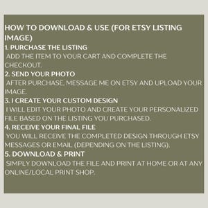 May include: A digital image on a green background with white text detailing the steps to download and use a purchased Etsy listing image. Instructions include purchasing, sending a photo, custom design creation, receiving the final file, and downloading.