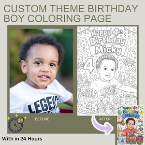 May include: A custom birthday coloring page featuring a line art illustration of a child, a birthday cake, balloons, and the text Happy 4th Birthday Micky. The design includes comic book style elements like lightning bolts and stars.