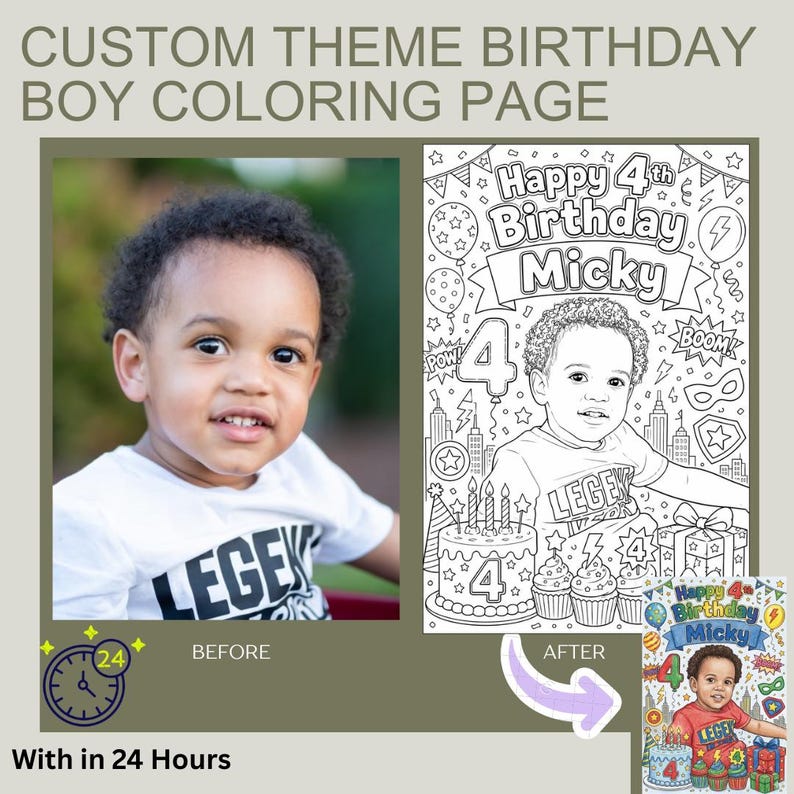 May include: A custom birthday coloring page featuring a line art illustration of a child, a birthday cake, balloons, and the text Happy 4th Birthday Micky. The design includes comic book style elements like lightning bolts and stars.