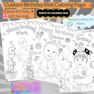 May include: Custom birthday coloring page for kids featuring three children with birthday decorations. The page includes the text "Happy Birthday" and "Photo to Coloring Page". The image also includes the text "Best Birthday Gift For Kids".