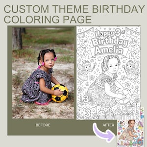 May include: A custom theme birthday coloring page featuring a line art illustration of a child holding a soccer ball, surrounded by fairies, balloons, stars, a birthday cake, and cupcakes. The text reads Happy 3rd Birthday Amelia.
