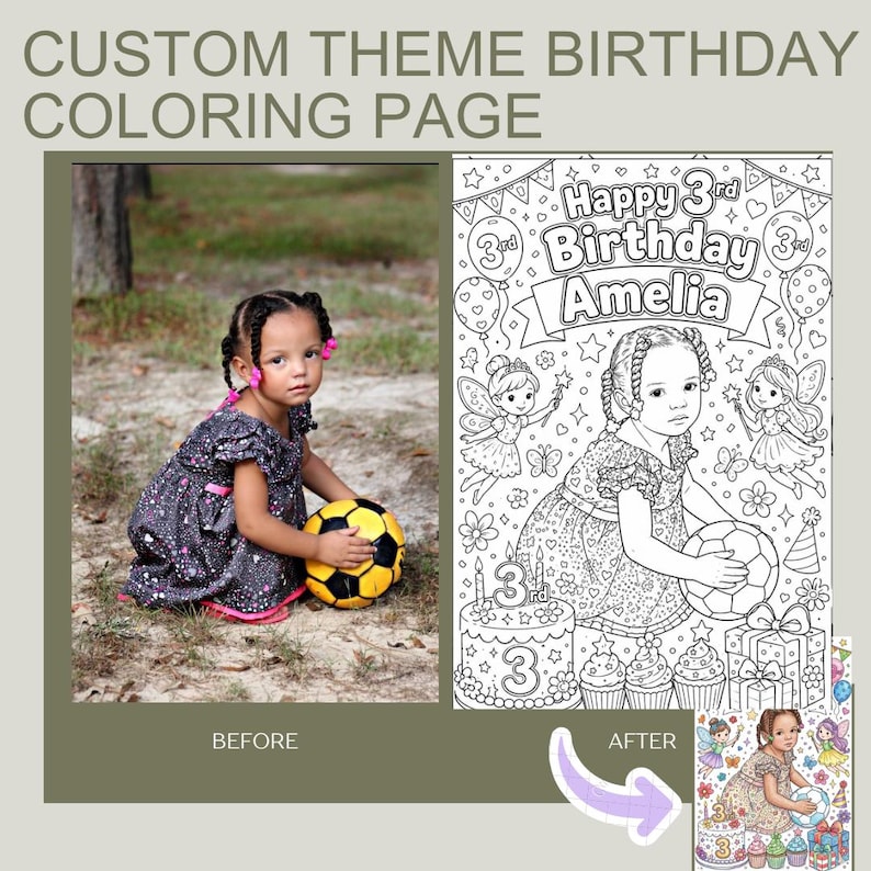 May include: A custom theme birthday coloring page featuring a line art illustration of a child holding a soccer ball, surrounded by fairies, balloons, stars, a birthday cake, and cupcakes. The text reads Happy 3rd Birthday Amelia.