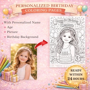 Custom Coloring Book | Birthday Party Activity for Kids | Personalized Photo Coloring Page Gift