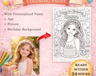 Custom Coloring Book | Birthday Party Activity for Kids | Personalized Photo Coloring Page Gift