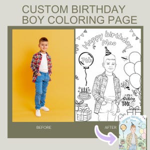 May include: The image shows a custom birthday boy coloring page. The left side shows a boy in a red, white, and blue plaid shirt, white t-shirt, and blue jeans. The right side is a black and white coloring page of the boy with birthday decorations.