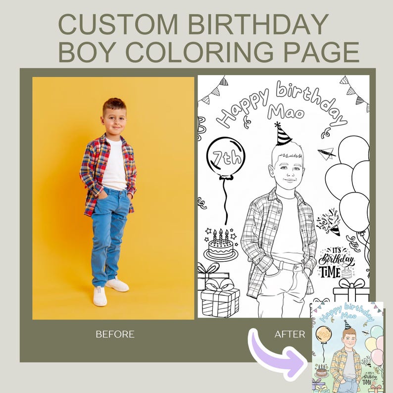 May include: The image shows a custom birthday boy coloring page. The left side shows a boy in a red, white, and blue plaid shirt, white t-shirt, and blue jeans. The right side is a black and white coloring page of the boy with birthday decorations.