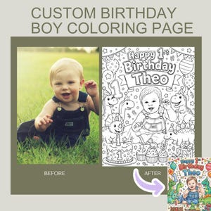 May include: A custom birthday coloring page featuring a line art illustration of a child in overalls surrounded by dinosaurs, balloons, and a birthday cake. The text reads "Happy 1st Birthday Theo". A before and after comparison is shown.