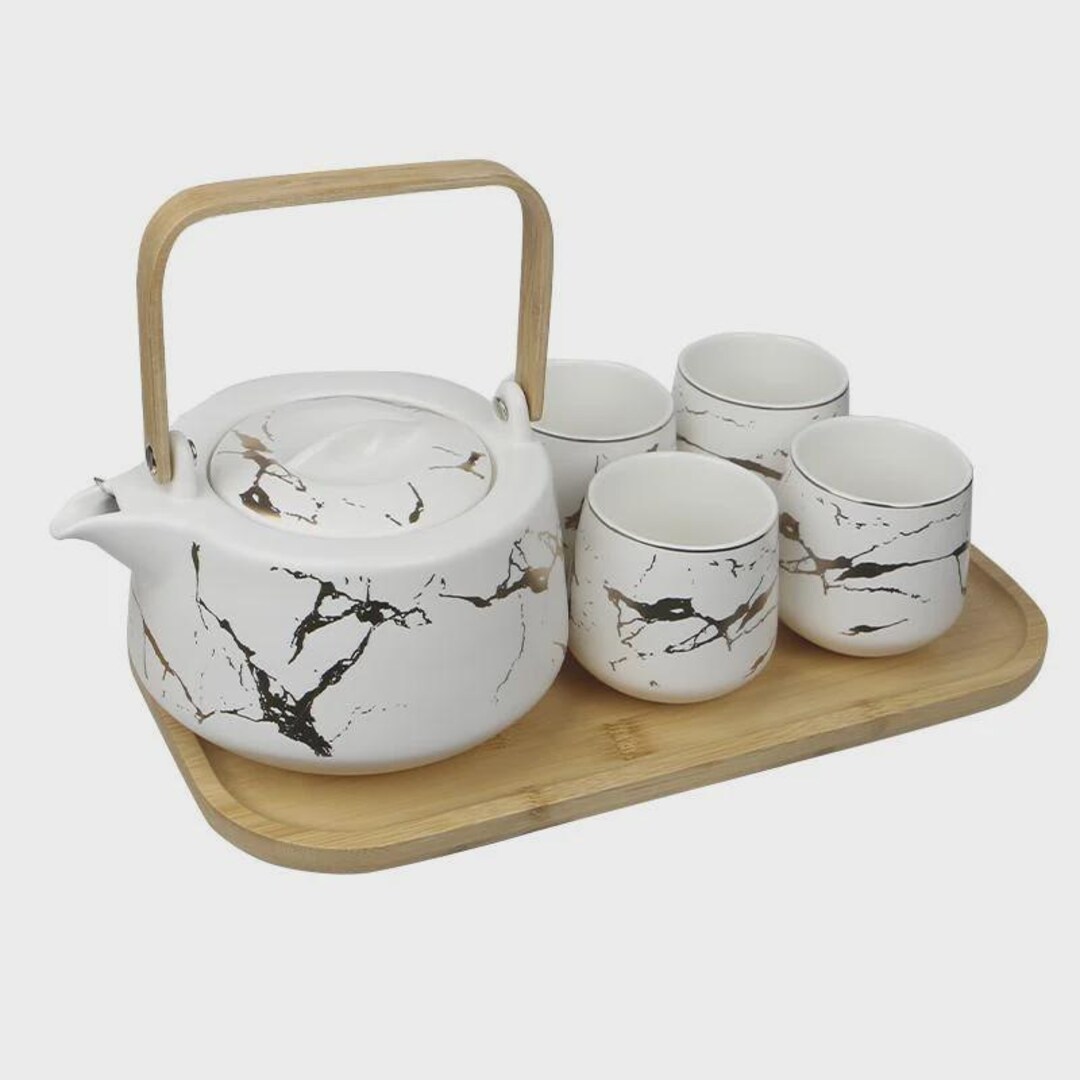 Modern Marble Ceramic Tea Set With Wooden Tray – 5-piece Elegant Teapot ...