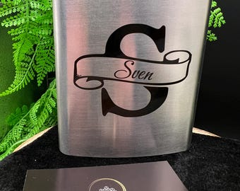 Petaca/botella personalizada, de acero inoxidable con monograma y dedicatoria – 200 ml