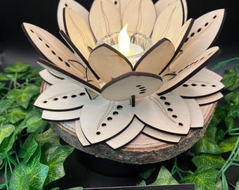 Elegante portavelas de flor de loto: decoración con estilo de madera de alta calidad.