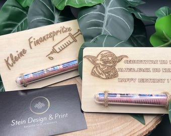 Tarjeta de madera pequeña para regalar dinero, "inyección de efectivo" o "Feliz cumpleaños" con tubo de ensayo | Para cumpleaños y cualquier otra ocasión.