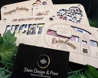 Regalo de dinero único y original en madera | Tarjeta de dinero hecha a mano con grabado | Regalo para bodas, cumpleaños y Navidad