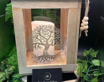 Farol grande de madera de roble con grabado «El hogar es…» y Árbol de la Vida | Decoración sostenible | Idea de regalo | Atrapasueños