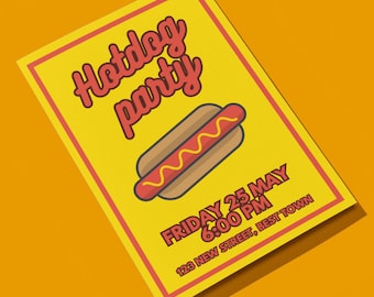 Editable Hotdog Party Invitation: Summer BBQ, Digital Template (Canva, Instant Download)
