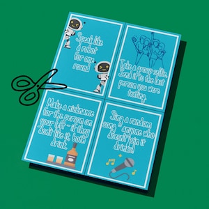 May include: Four blue game cards with white borders and text prompts for a party game. The prompts include "Speak like a robot," "Take a group selfie," "Make a nickname," and "Sing a random song." The cards feature robot and microphone illustrations.
