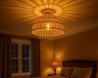 Wicker Pendant Light Shade – Natural Rattan Ceiling Lampshade for Kitchen Island, Dining Room, or Living Room Decor, Bulb Compatible Design