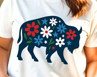 Floral Bison PNG: Patriotic Buffalo Silhouette, Independence Day Design (Digital Download)