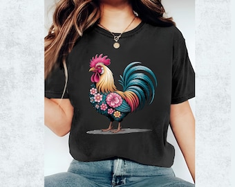Floral Rooster PNG: Vintage Folk Art Clipart, Farmhouse Decor (Digital Download)