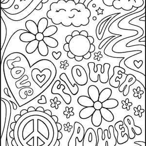 May include: Black and white line art illustration with a retro theme. The design includes flowers, hearts with the word "love", a peace symbol, a rainbow, clouds, stars, and the words "Flower Power".
