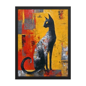 Abstract Black Cat Framed Photo - Modern Art Print in Red Gold